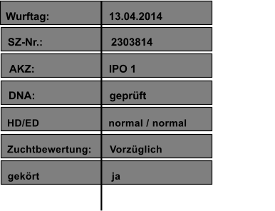 Wurftag:                    13.04.2014 SZ-Nr.:                       2303814                                          AKZ:                         IPO 1                                           DNA:                         geprft                          HD/ED                       normal / normal Zuchtbewertung:      Vorzglich  gekrt                        ja