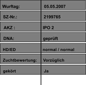 Wurftag:                    05.05.2007 SZ-Nr.:                      2199765                     AKZ :                       IPO 2                     DNA:                        geprft                          HD/ED                      normal / normal Zuchtbewertung:     Vorzglich  gekrt                       Ja
